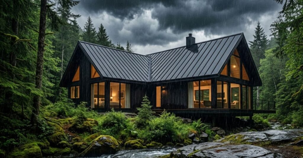 Your Roof is a Target: The Secret to "Climate-Resilient" Roofing in 2026 2 A climate-resilient metal roof on a modern home under a stormy sky.