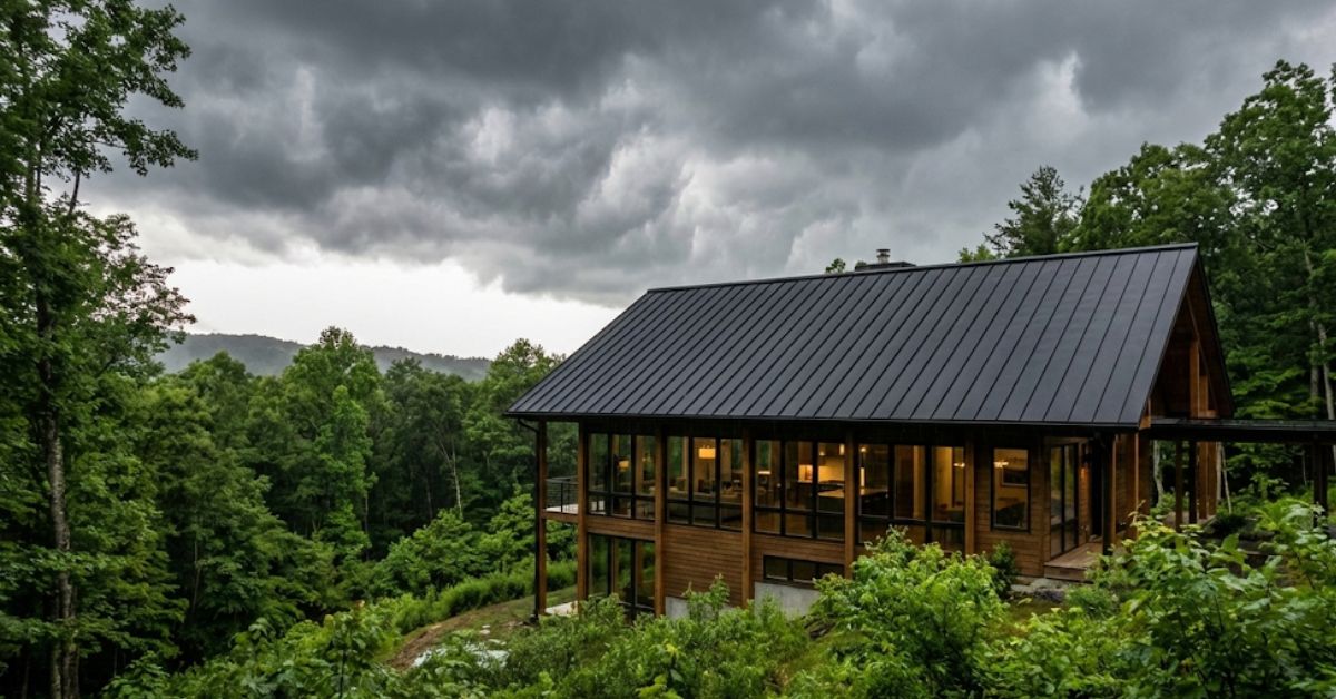 A climate-resilient metal roof on a modern home under a stormy sky.