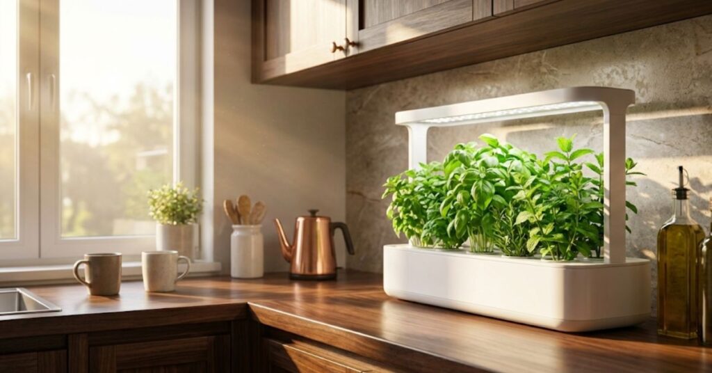 Tired of Dead Supermarket Basil? The Truth About Soil-Free Herb Kits for Your Kitchen Counter 2 A modern indoor hydroponic herb garden kit on a clean kitchen counter.