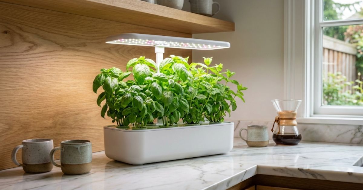 A modern indoor hydroponic herb garden kit on a clean kitchen counter.