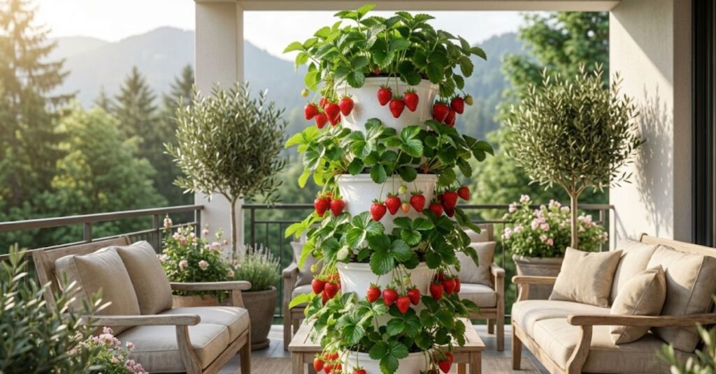 Stop Buying Plastic Berries: My No-Nonsense Guide to Vertical Hydroponic Strawberry Towers 2 A thriving vertical hydroponic strawberry tower on a sunny apartment balcony.