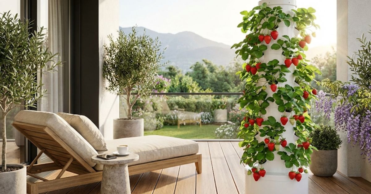 A thriving vertical hydroponic strawberry tower on a sunny apartment balcony.