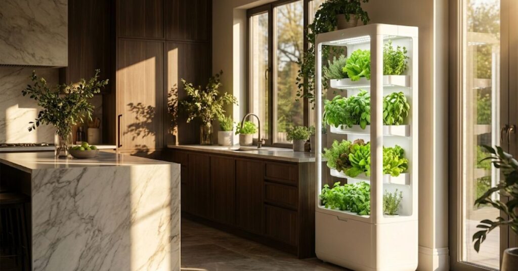 Why Your Salad Costs More Than Your Rent (And 5 Systems That Fix It) in 2026 2 A modern automated hydroponic system growing fresh greens in a 2026 kitchen.