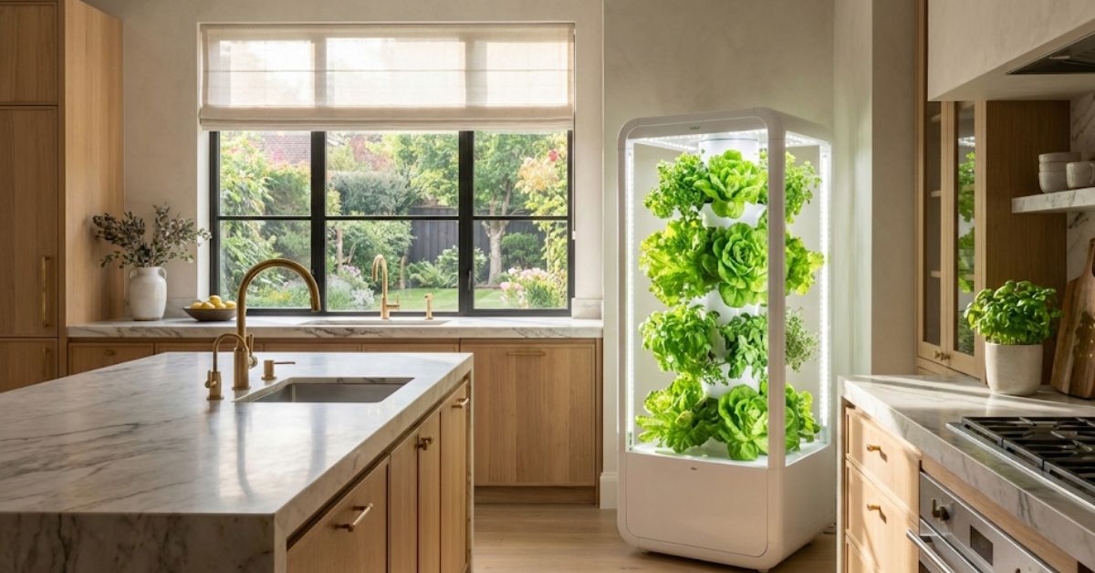 A modern automated hydroponic system growing fresh greens in a 2026 kitchen.