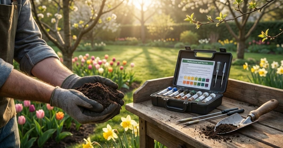 Rich garden soil being examined for spring planting prep.