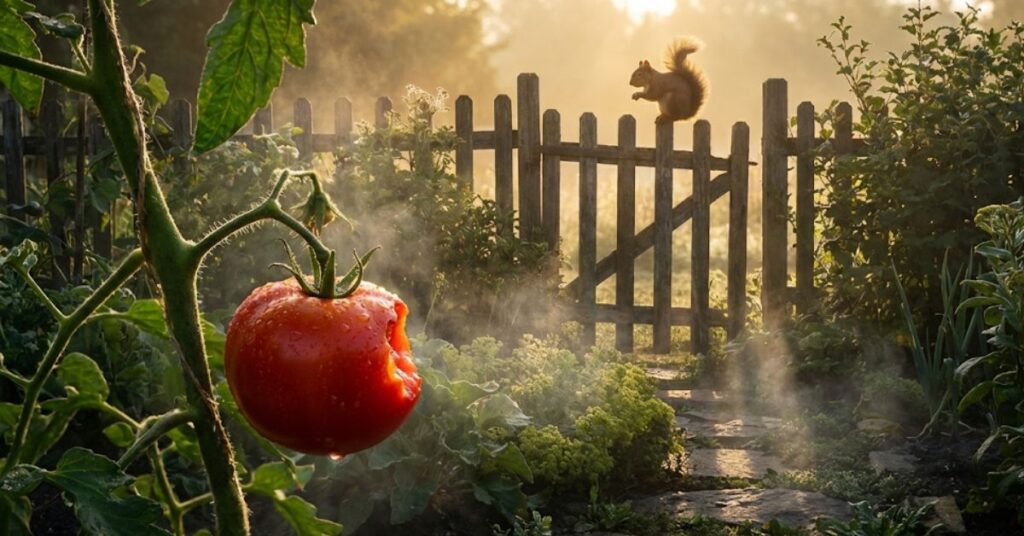 They Only Took One Bite! Why Squirrels Are Murdering Your Tomatoes (And How to Stop Them) 2 A bitten tomato on a vine with a squirrel in the background.