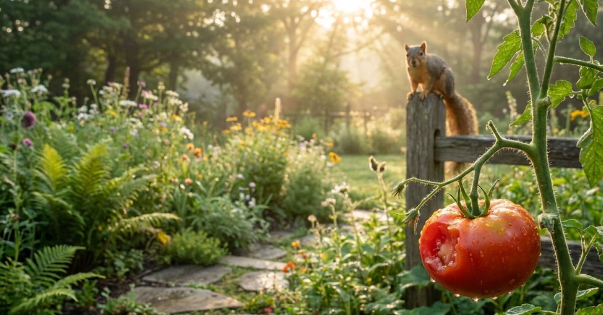 A bitten tomato on a vine with a squirrel in the background.