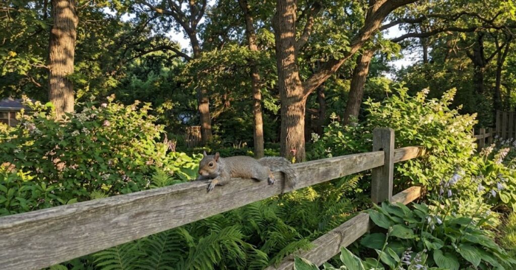 Dead on the Deck? The Truth About Why Your Backyard Squirrels Are Splooting in 2026 2 A gray squirrel splooting on a wooden fence to cool down.