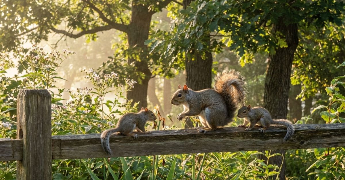 A mother squirrel and her young on a backyard fence in spring.