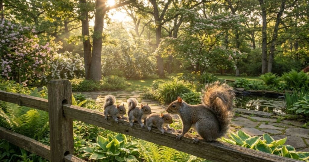 My Yard is Being Overrun: How a Couple of Squirrels Turned Into a Full-Blown Army 2 A mother squirrel and her young on a backyard fence in spring.