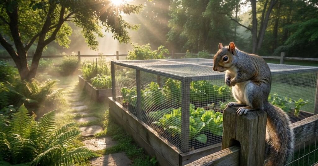 Stop Buying Junk: A Grumpy Gardener’s Real Guide to Winning the War on Squirrels 2 A squirrel near a wire-protected garden bed in 2026.