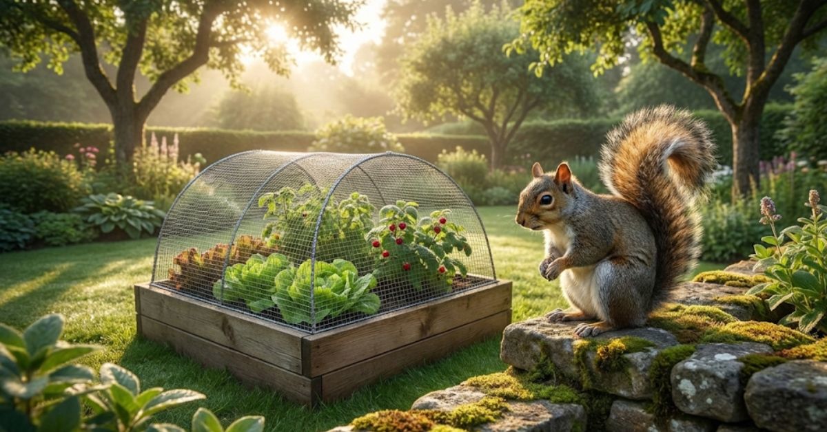 A squirrel near a wire-protected garden bed in 2026.