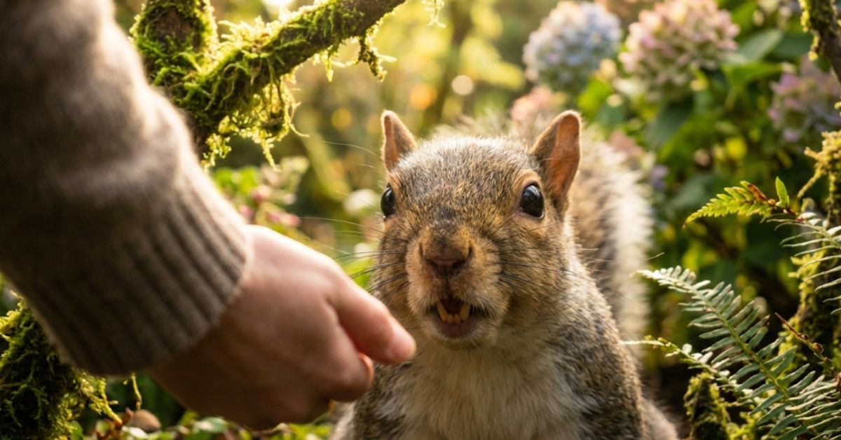 Close up of a squirrel's teeth with a hand reaching toward it.