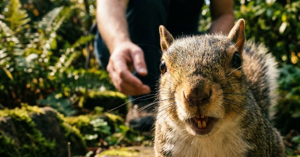 Don't Try to Pet Them: The Sharp Truth About Squirrel Bites and Backyard Safety 2 Close up of a squirrel's teeth with a hand reaching toward it.