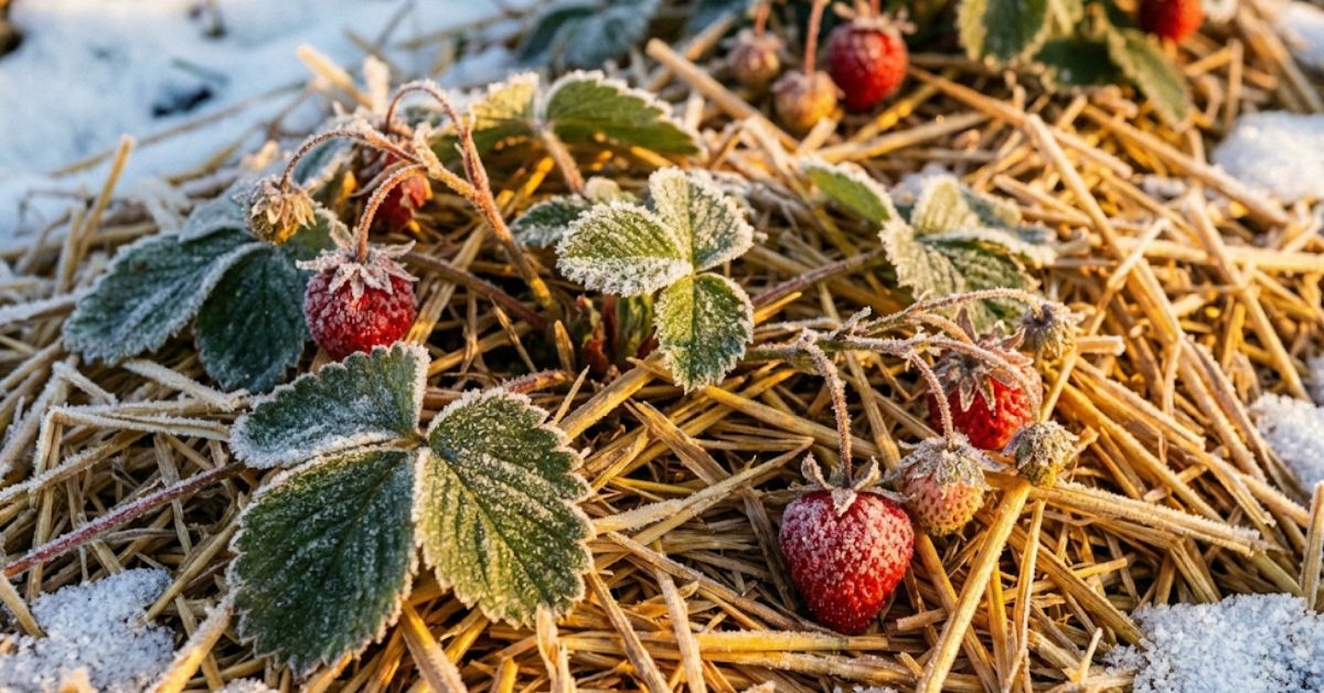 Frost covered strawberry plants protected by straw mulch in a winter garden.