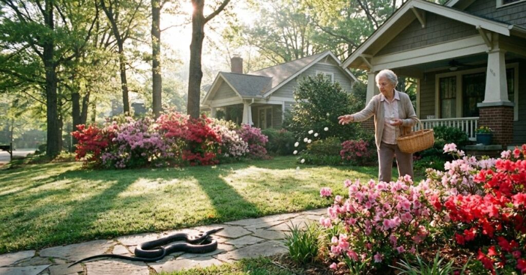 Save Your Money: The Grumpy Truth About Finding a Snake Repellent That Actually Works 2 A homeowner throwing mothballs in a garden to repel a snake.