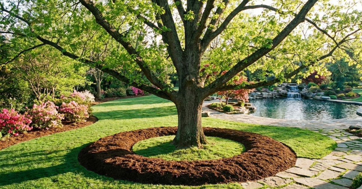 A properly mulched tree with a visible root flare in a backyard