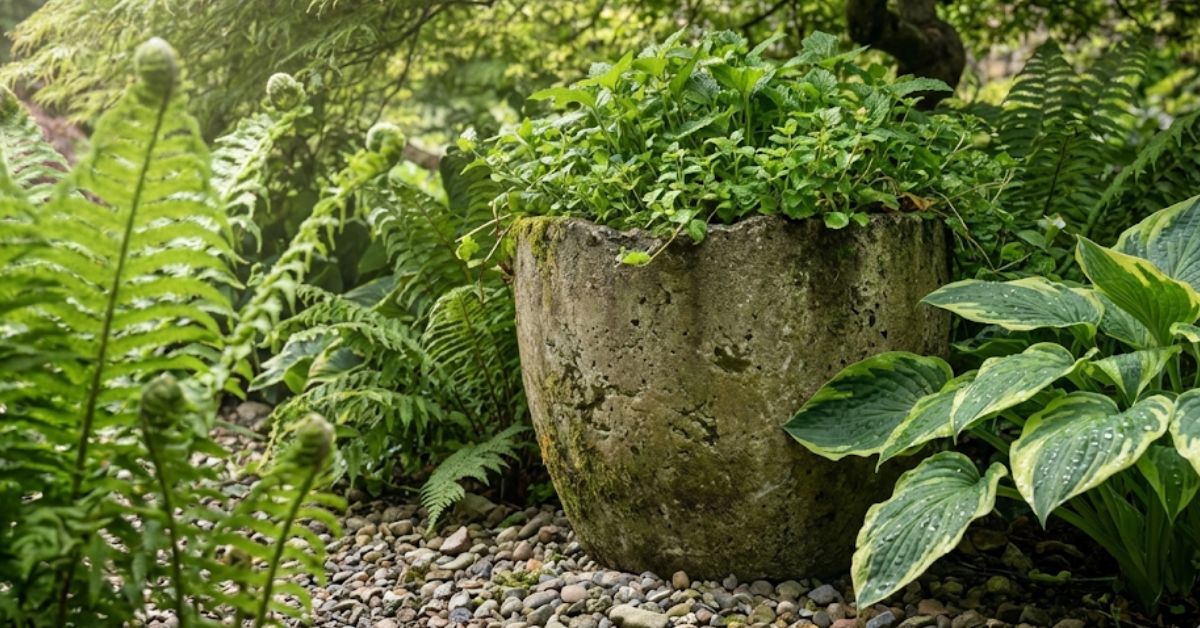 A handmade concrete planter in a lush garden setting.