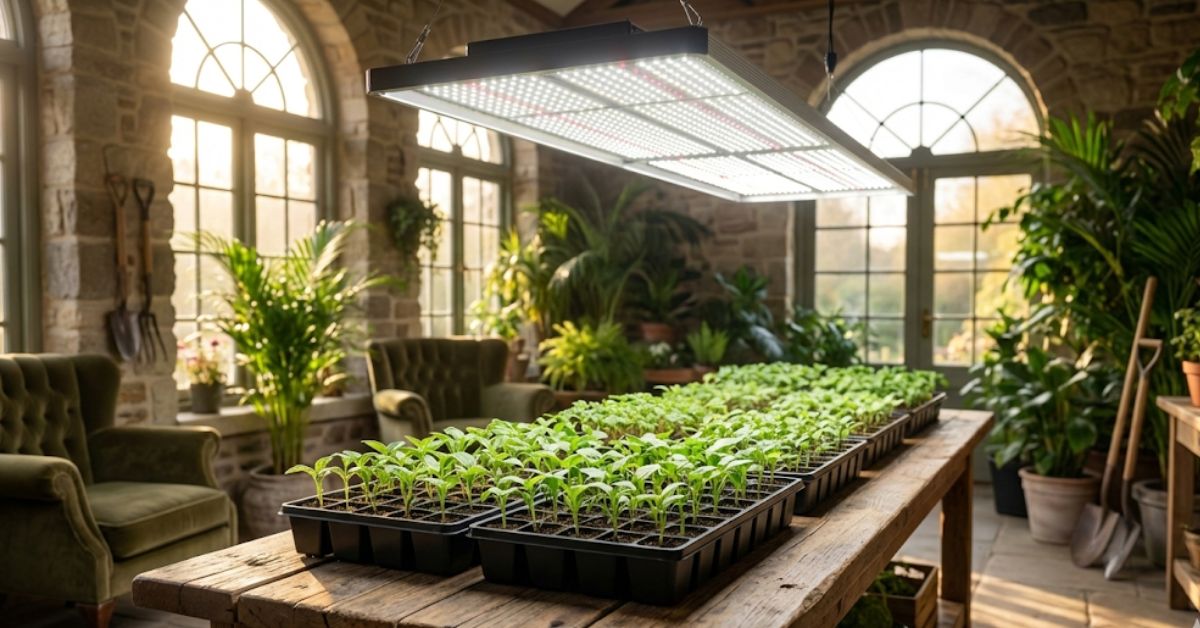 A successful indoor seed starting setup with grow lights and green sprouts 2026