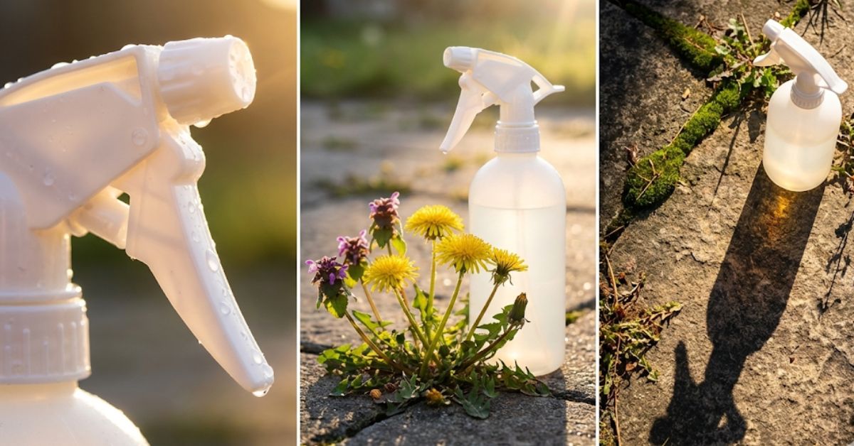 A spray bottle of homemade vinegar weed killer on a stone patio with dead weeds.