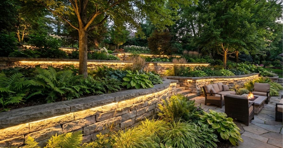 Professional stone retaining wall in a landscaped backyard 2026
