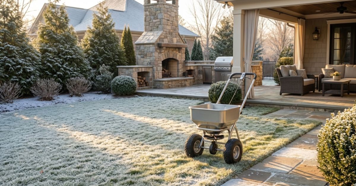 A person using a spreader for dormant seeding a lawn in winter 2026.
