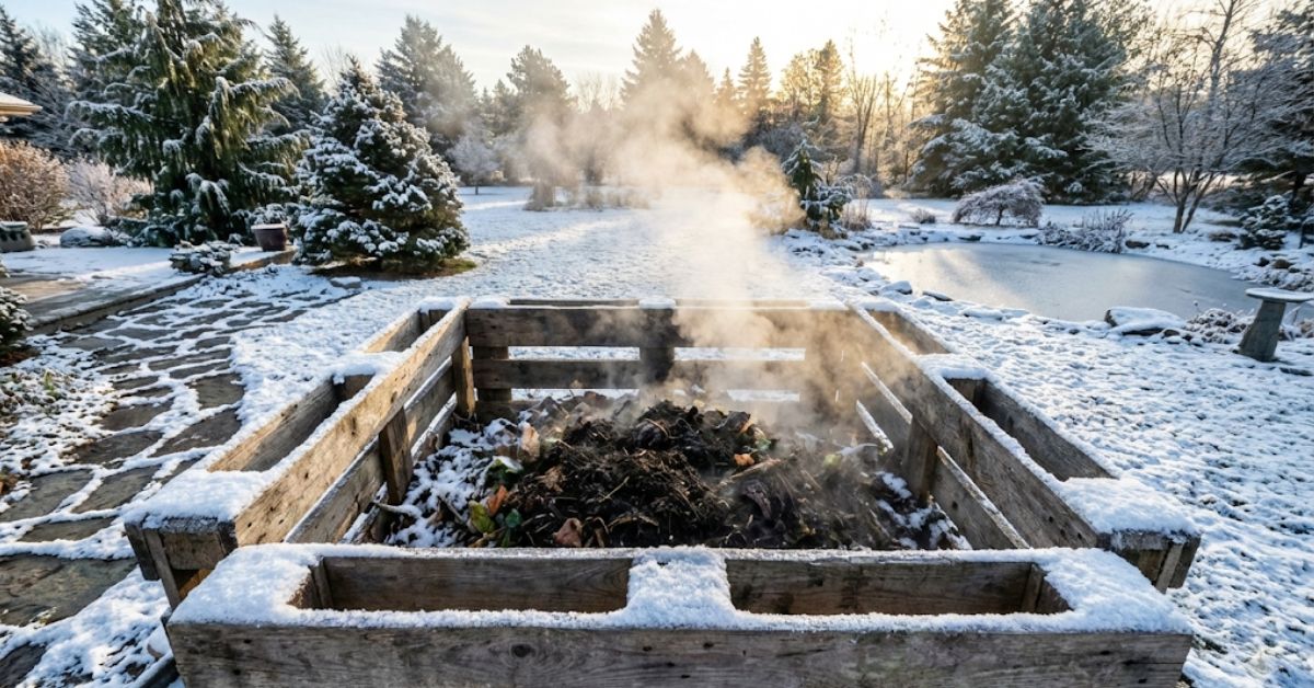 A steaming DIY pallet compost bin in a snowy 2026 winter backyard.