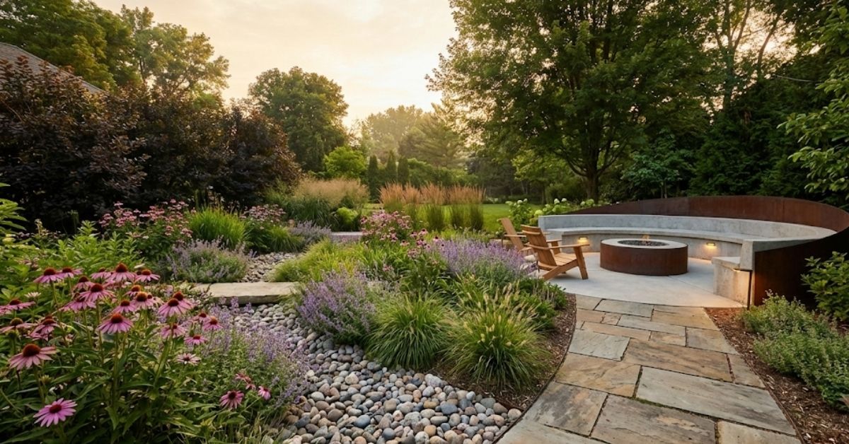 A climate-resilient backyard with a rain garden and native plantings.