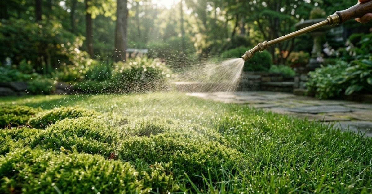 A person using a DIY dish soap mixture to treat moss on a green lawn.