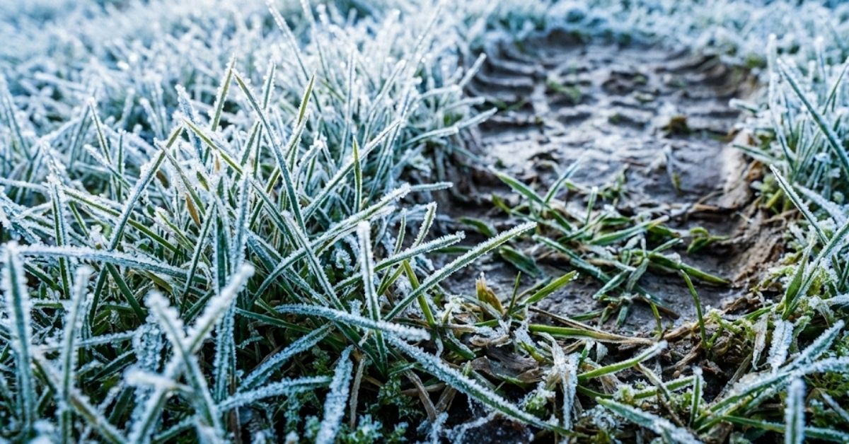 Close up of boot print damage on frost-covered grass lawn.
