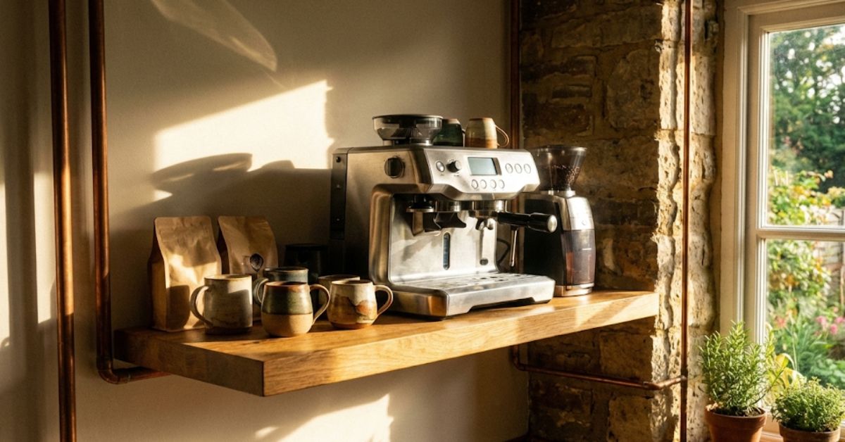 A custom small kitchen coffee station with floating shelves and a modern espresso machine.