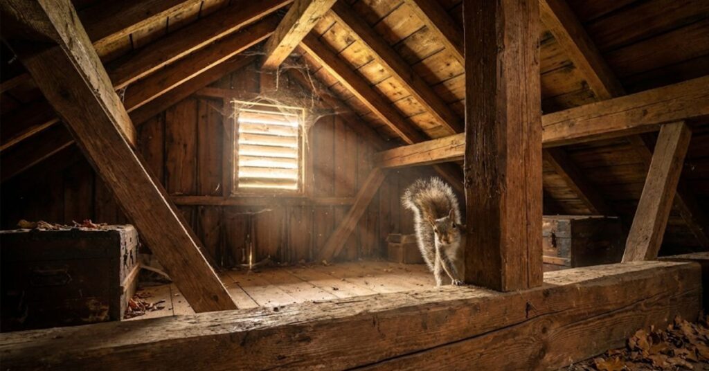 Why Your Attic is Banging at 5 AM: The Secret Nightlife of Backyard Anarchists 2 Squirrel in attic rafters during early morning 2026 winter.