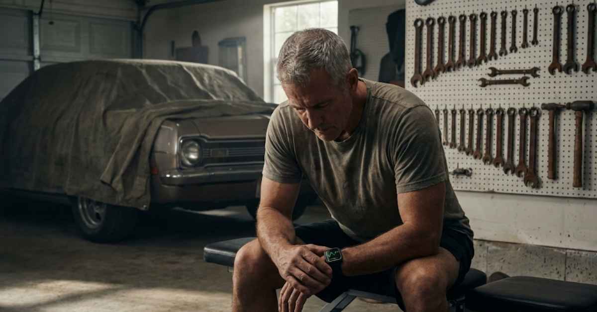 Gen X man checking fitness data in a home garage gym.
