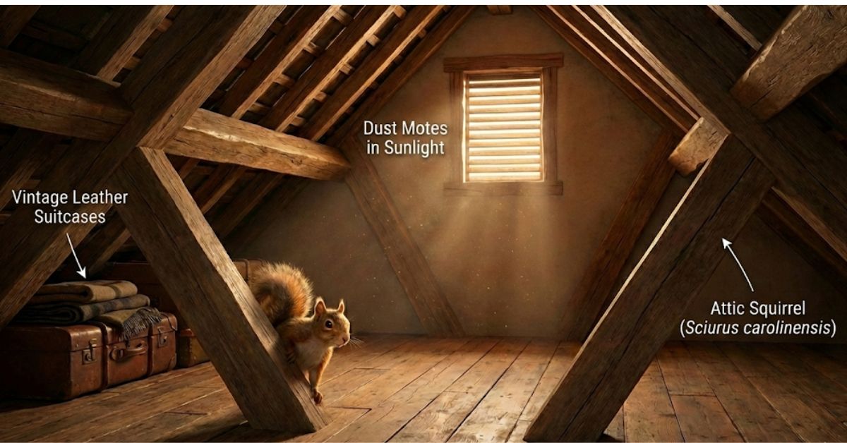 Squirrel in attic rafters during early morning 2026 winter.