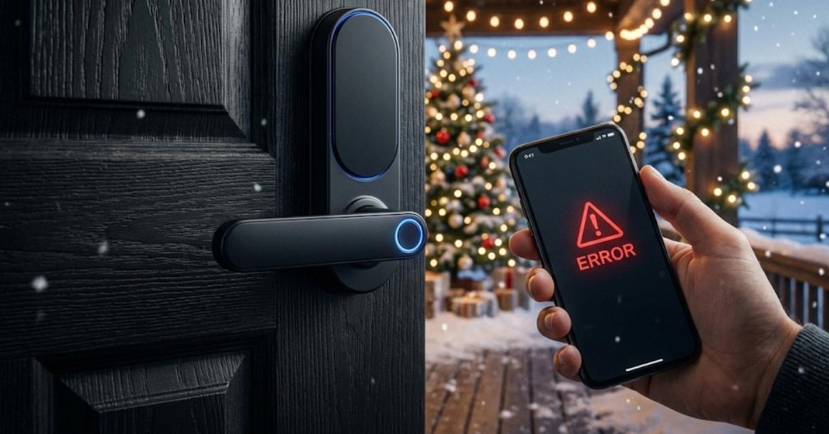 A homeowner troubleshooting a jammed smart lock on a front door using a mobile app.