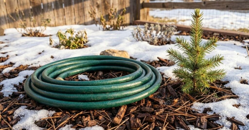 The Ice-Cold Truth: Why You Can’t Stop Watering Evergreens in Winter 2 Trickling water from a garden hose at the drip line of an evergreen tree in winter.