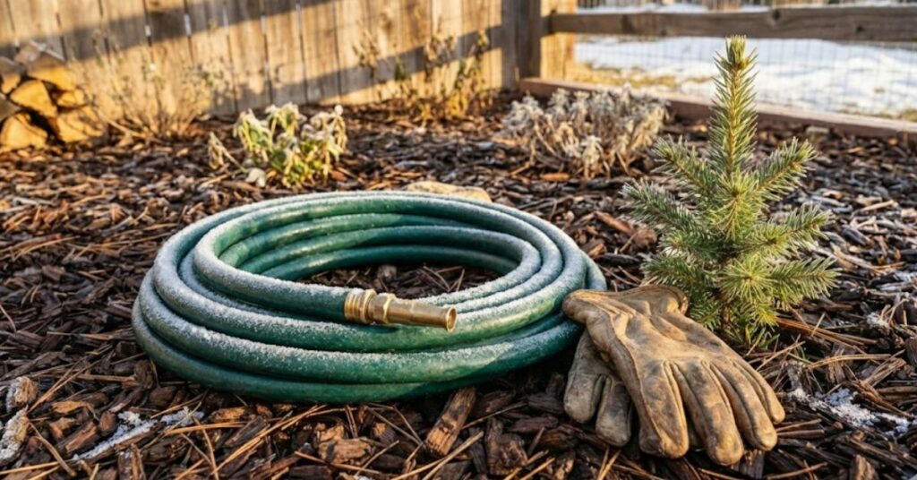 The Ice-Cold Truth: Why You Can’t Stop Watering Evergreens in Winter 3 Trickling water from a garden hose at the drip line of an evergreen tree in winter.