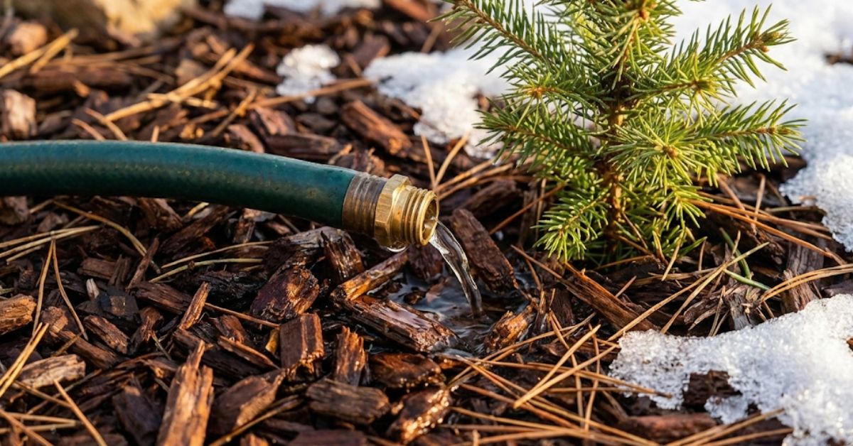 Trickling water from a garden hose at the drip line of an evergreen tree in winter.