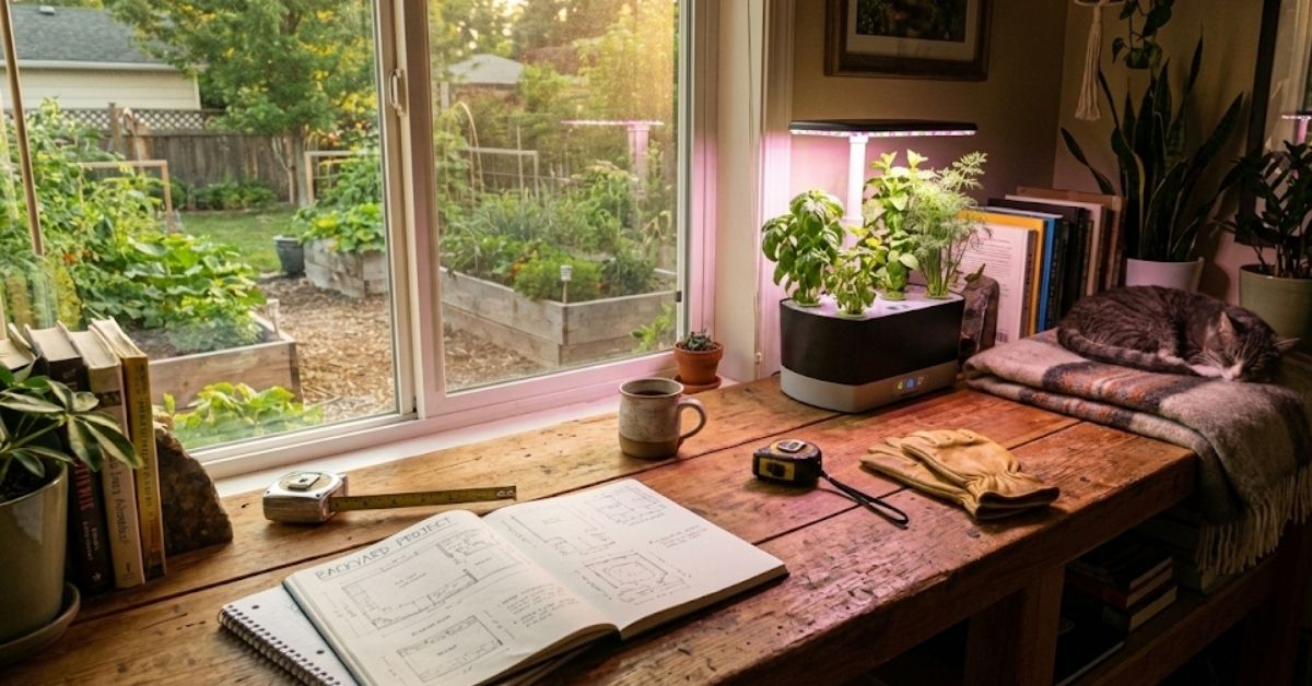 A sunlit creative workshop featuring DIY project sketches on a workbench, gardening tools, and a modern indoor hydroponic setup overlooking a backyard garden.