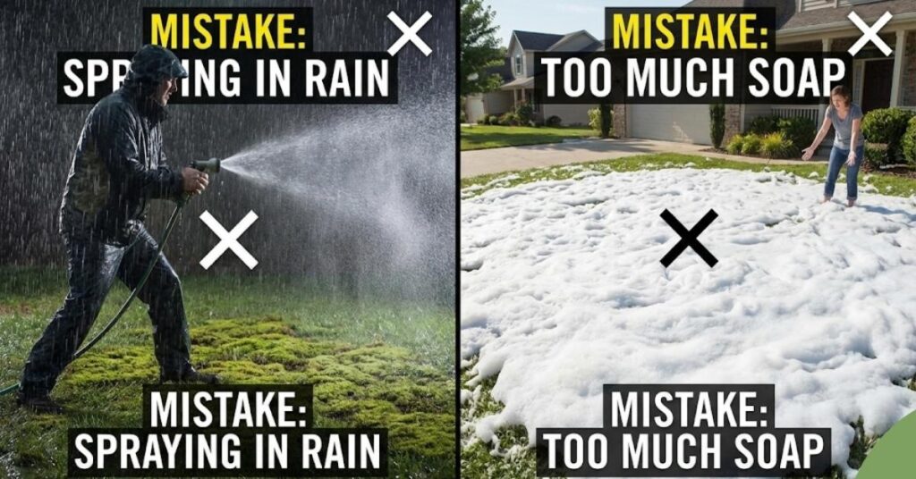 Comparison of wrong lawn moss treatment methods like spraying during rain.
