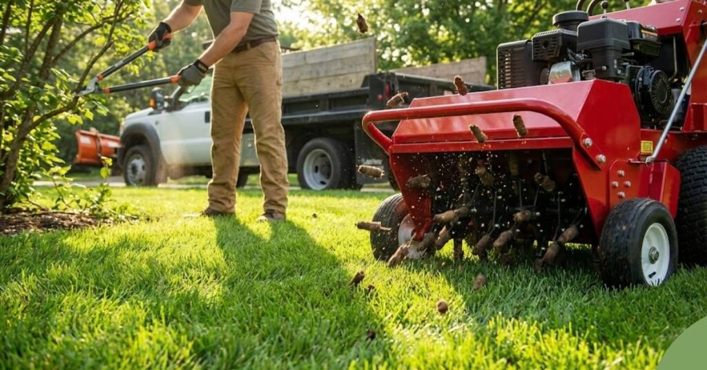 Core aeration machine and tree pruning to prevent moss regrowth.
