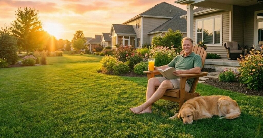 A beautiful green backyard lawn after successful moss treatment and soil repair.