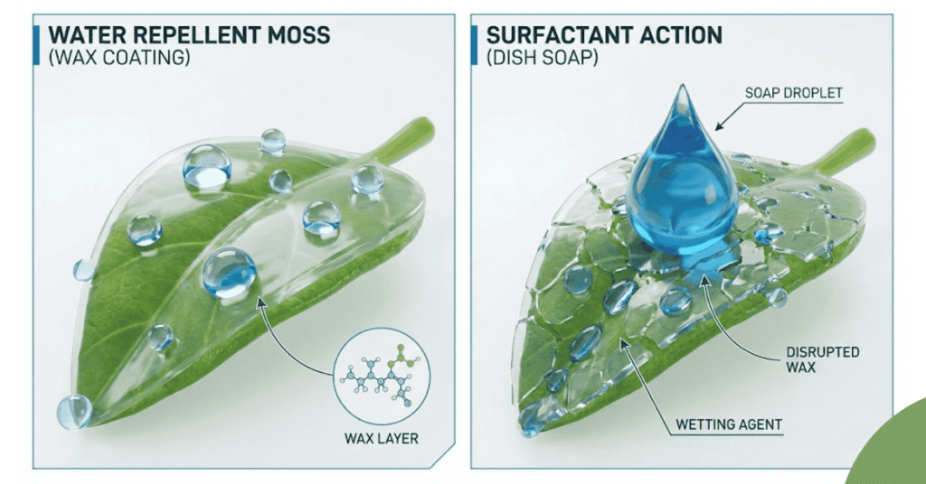 Diagram showing dish soap acting as a surfactant to break down moss's waxy coating.