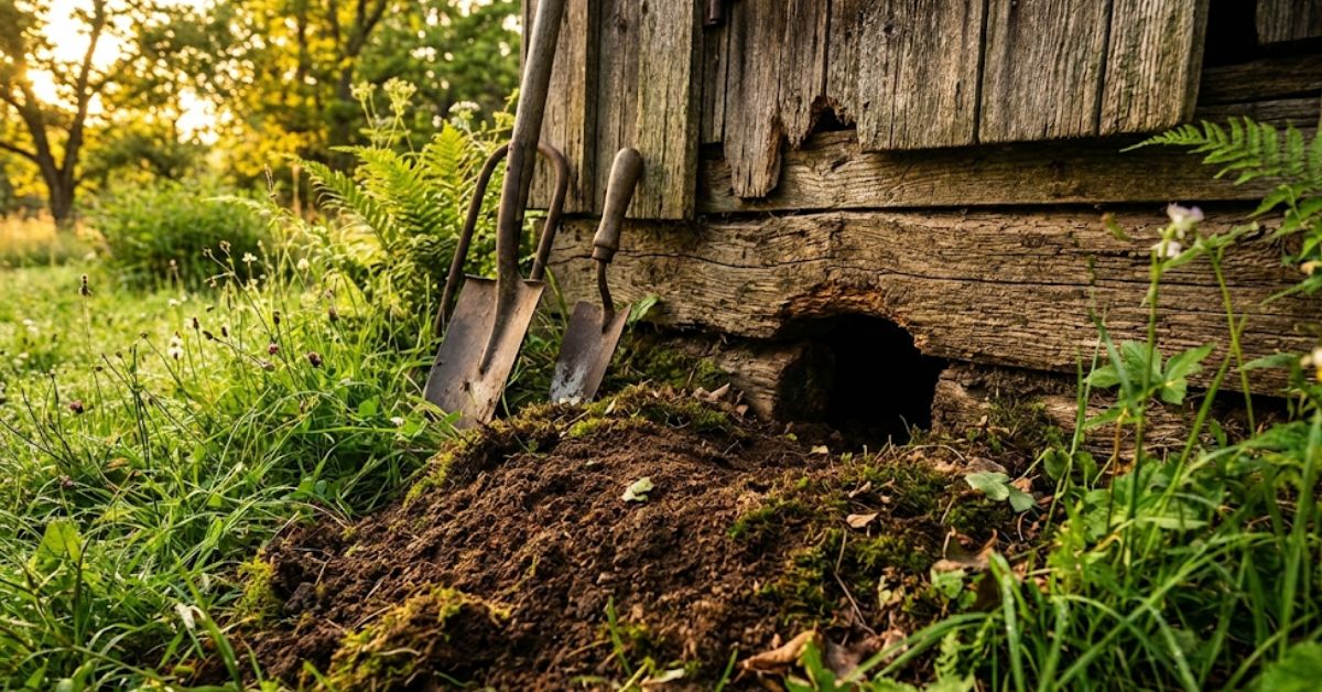 Groundhog burrow entrance under the corner of a wooden garden shed.