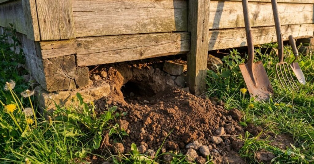 Why That Groundhog Thinks Your Shed Is a 5-Star Resort (And How to Evict Him) 2 Groundhog burrow entrance under the corner of a wooden garden shed.