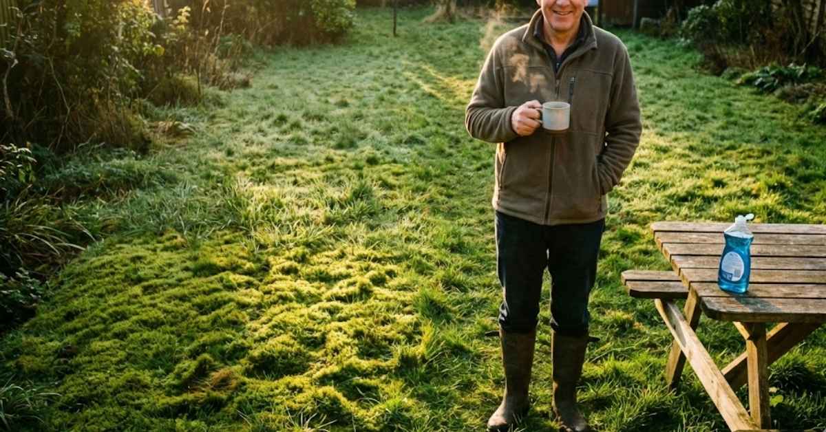 A homeowner looking at moss patches on a lawn with a bottle of dish soap nearby.