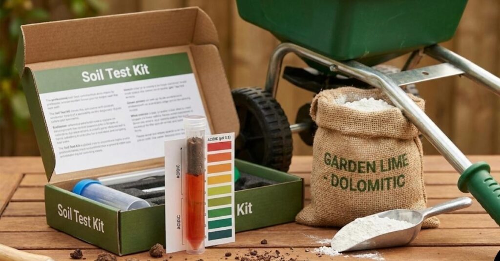 Soil pH test kit with garden lime and fertilizer for a healthy lawn.