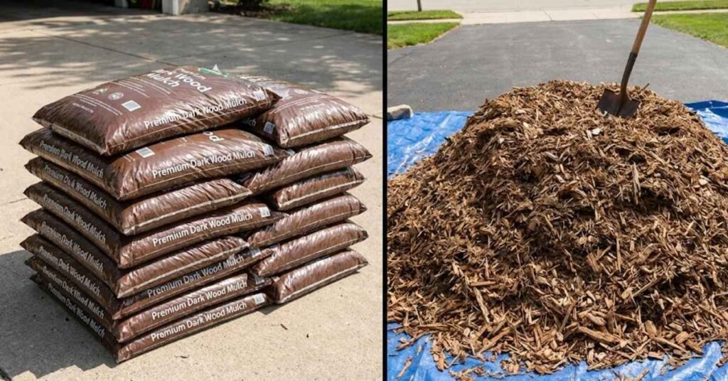 How Many Bags of Mulch in a Yard? The DIY Math Guide to Saving Money 5 Comparison of bagged mulch versus bulk mulch delivery on a driveway.