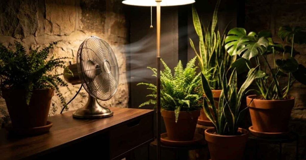 The Only Basement House Plants That Won't Die (Even with Zero Light) 7 A small fan used for air circulation in a basement indoor garden.