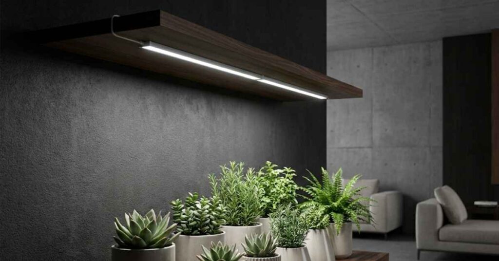 Professional Guide on Best Basement Plants: How to Grow a Lush Indoor Garden in the Dark 4 An LED grow light setup providing artificial sun for basement plants.